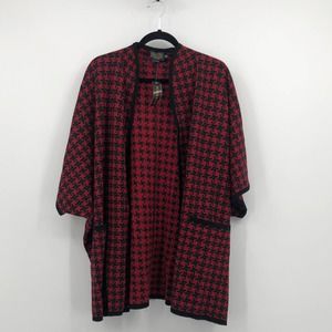 Pendleton Cardigan Sweater 100% Wool Houndstooth Open Front Black Red OS